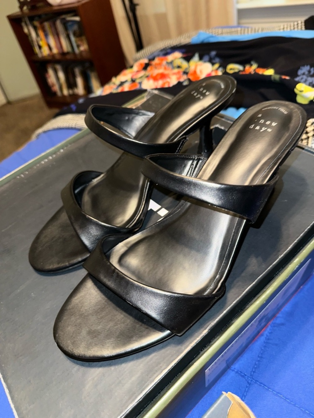 a new day Black Double-Strap Mid-Heel Mules